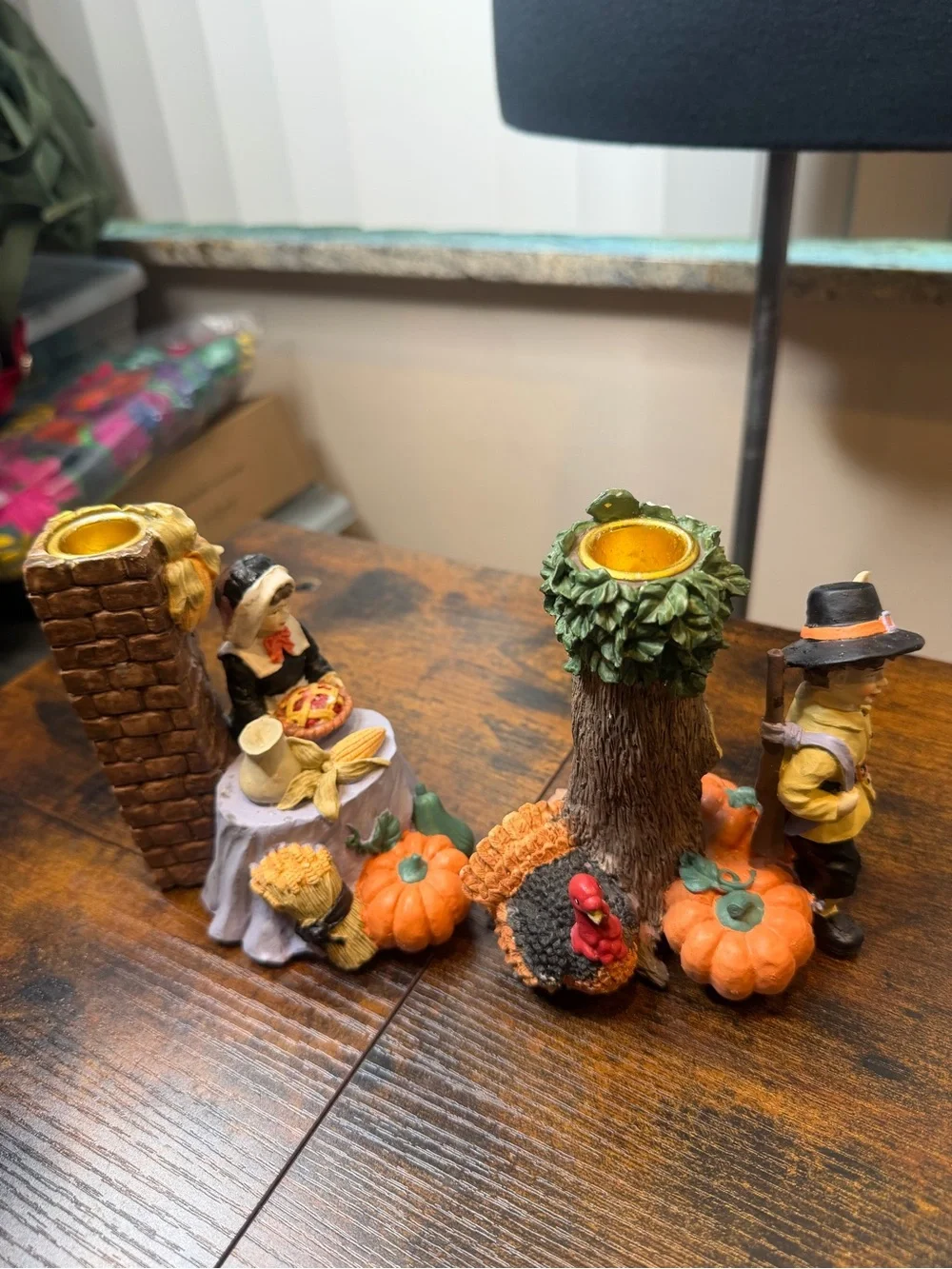 Vintage 1997 Painted Ceramic Pilgrim Candle Holders Pair Thanksgiving